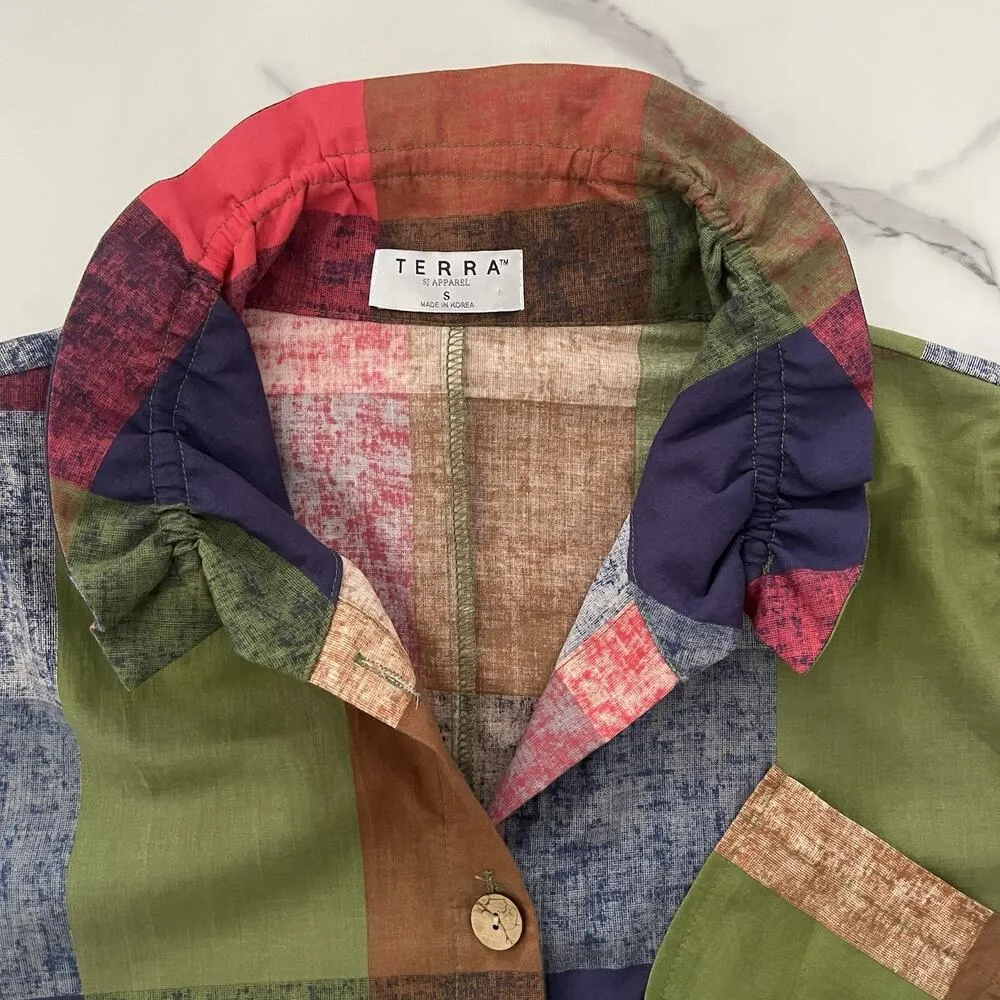 Terra SJ Apparel Patchwork Blouse Ruffle Collar Artsy Boho Chic Western Size S - Image 6