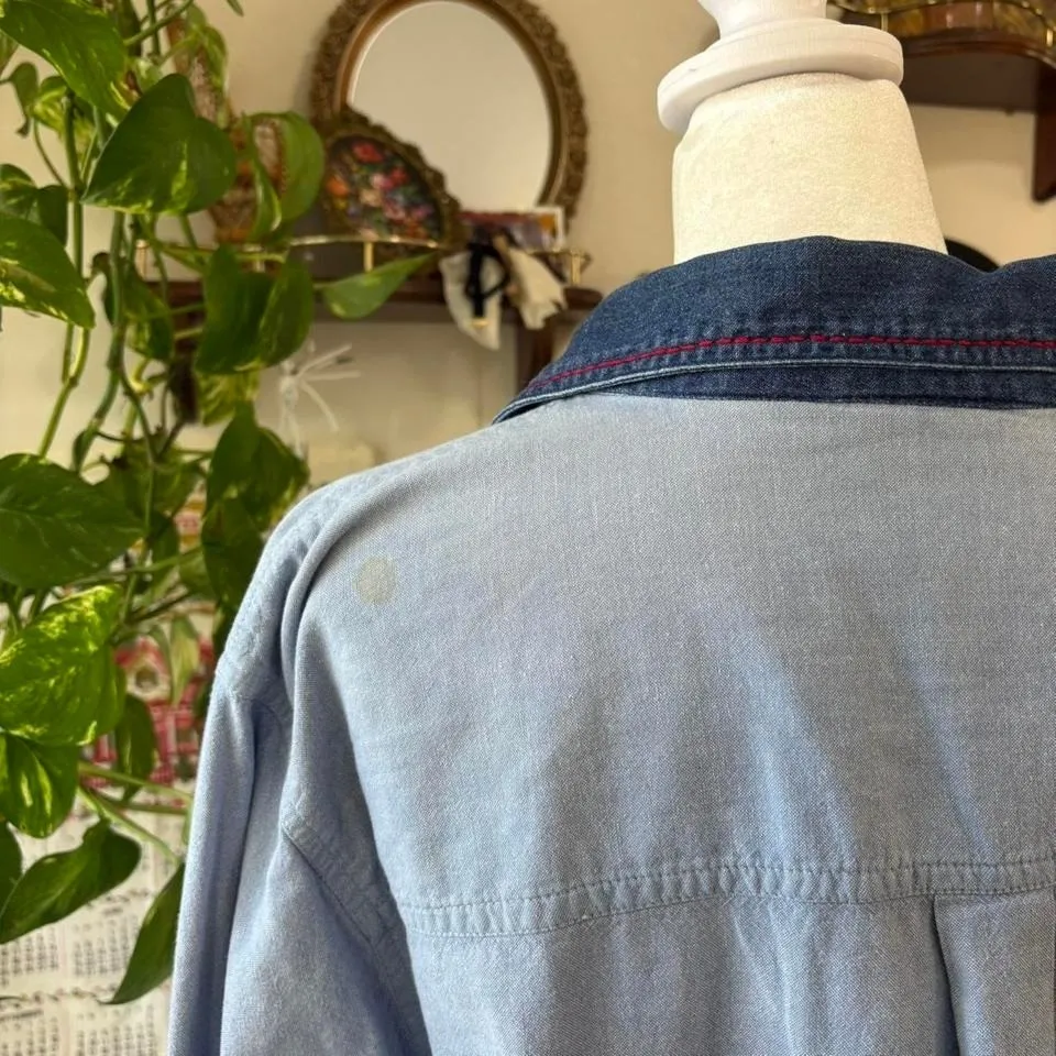 Vintage 90s Cabin Creek Women's 20W Embroidered Floral Denim Floral Button Up - Image 5