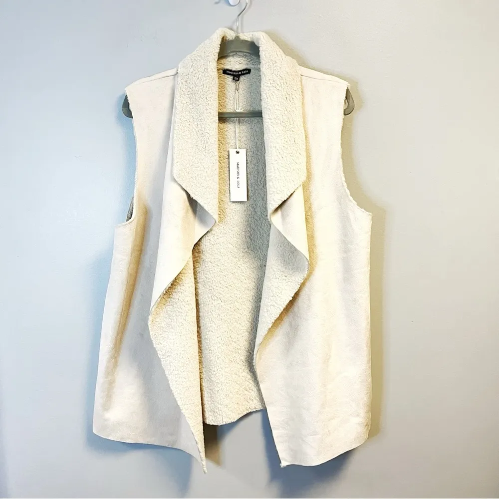 Madison & Lola Vest Faux Suede Cream Faux Shearling Vest w/ Open Front Sz 2X NWT - Image 2