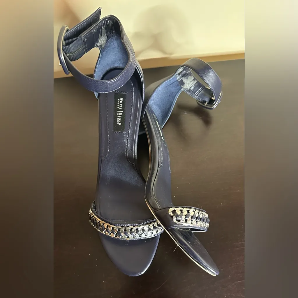 White House Black Market Navy Heels with Silver Chain Detail - Image 3