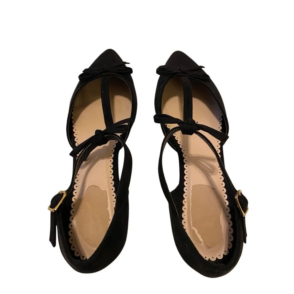 Venus Faux Suede Pointed Toe Flats Bow Shoes Ankle Straps Formal Black Size 8.5 - Image 6