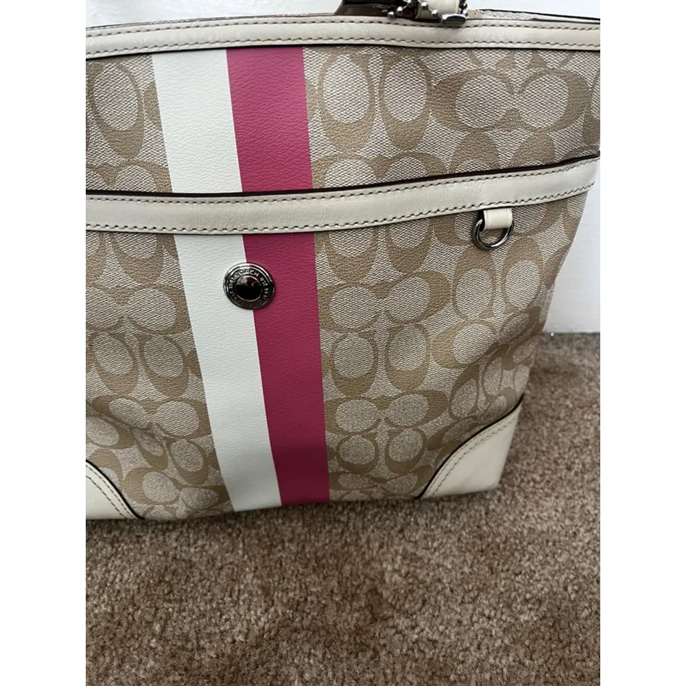 Coach Chelsea Leather Signature Heritage Logo Stripe Pink Beige Tote Bag - Image 3