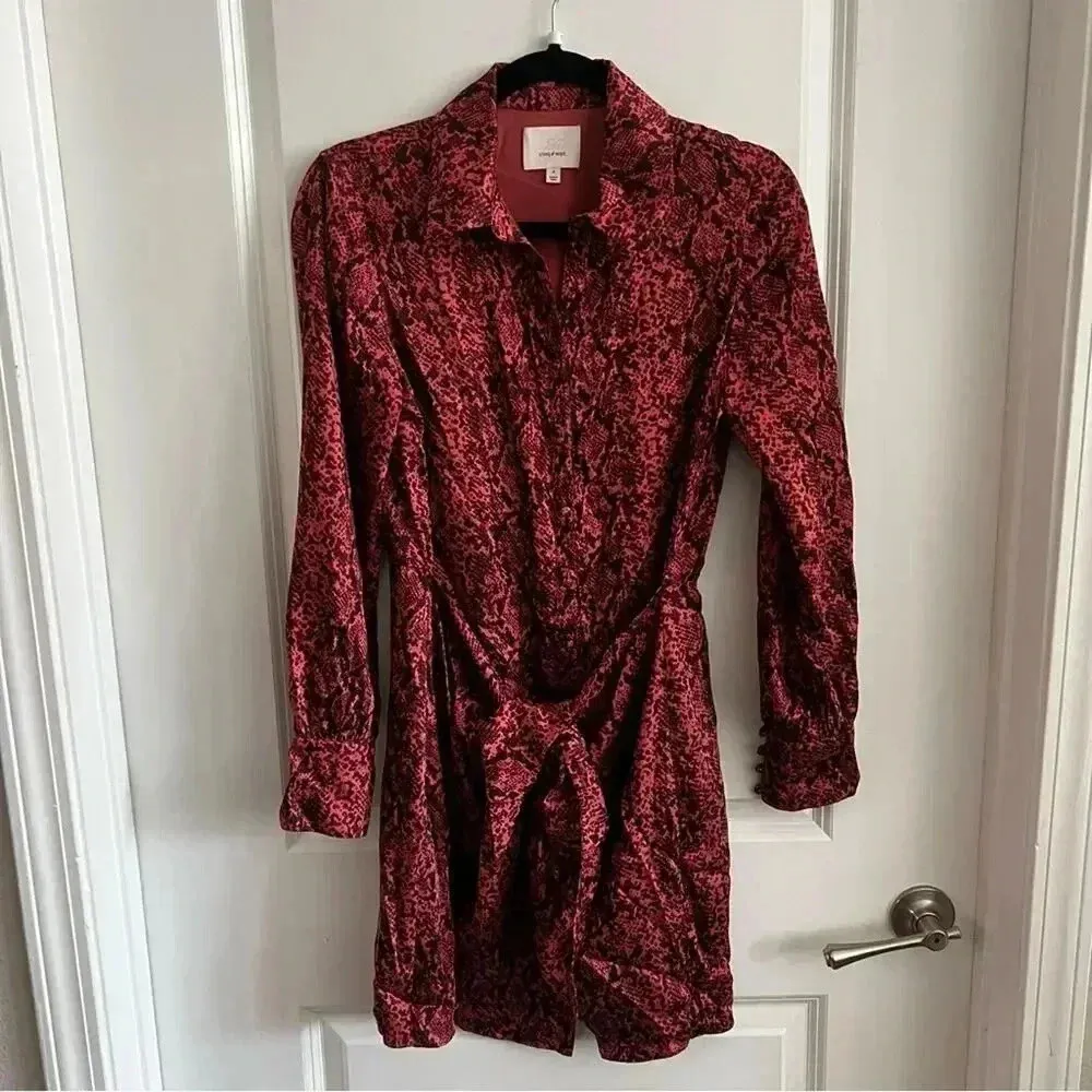 167 Cinq a Sept Gaby Tie Front Snake Print Shirt Dress Size 4 Red - Image 5
