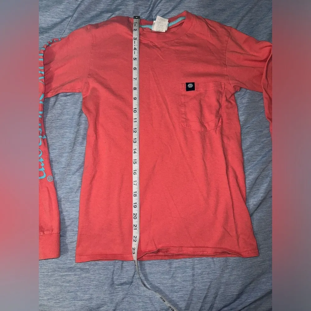 Simply Southern Coral & Teal Long Sleeve Pocket T XS - Image 2