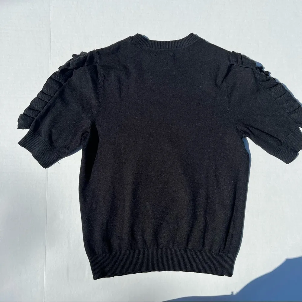 ruffle sleeve crew neck knit short sleeve sweater black xs - Image 2