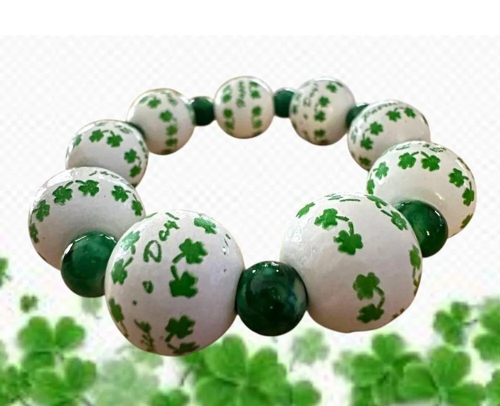 Happy St Patricks Day Shamrock Wood Beaded Stretch Bracelet Marbled Acce… Green - Image 3