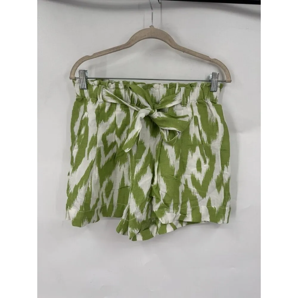 Anthropologie Green White Ikat Print Linen Blend Paperbag Shorts Women Small‎ - Image 2
