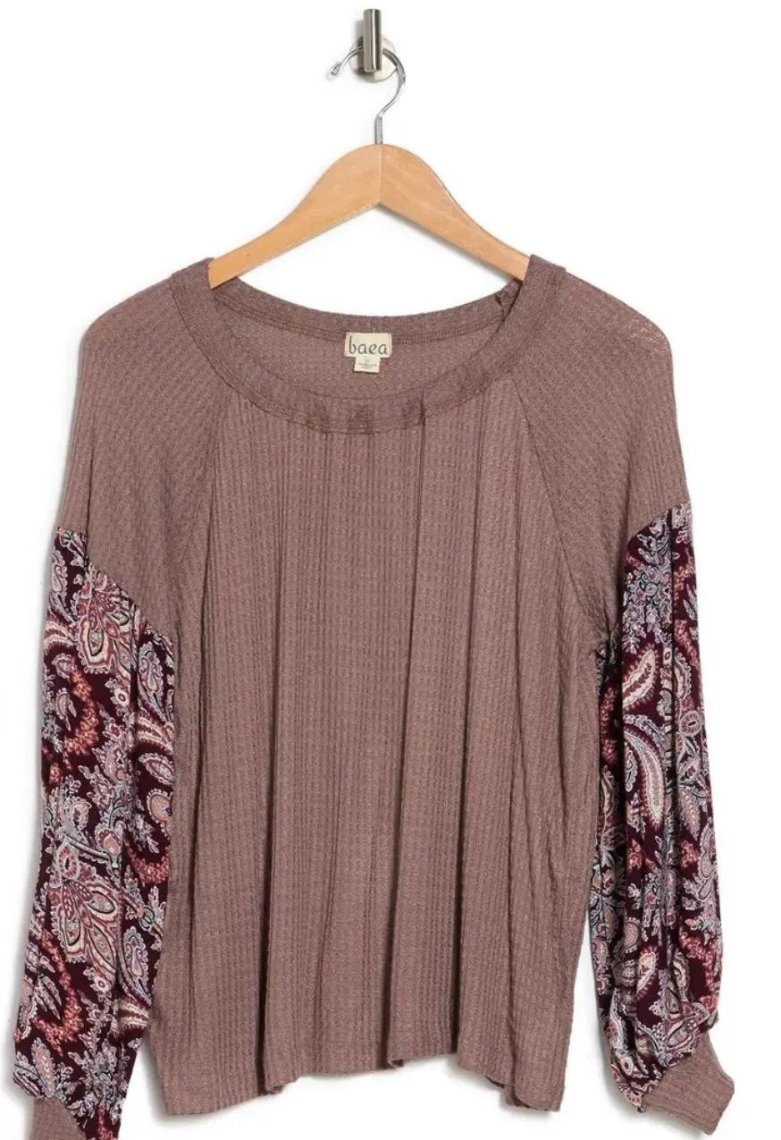 Baea Boho Thermal Blouson Mocha Brown Sleeve Shirt Size XL - Image 3