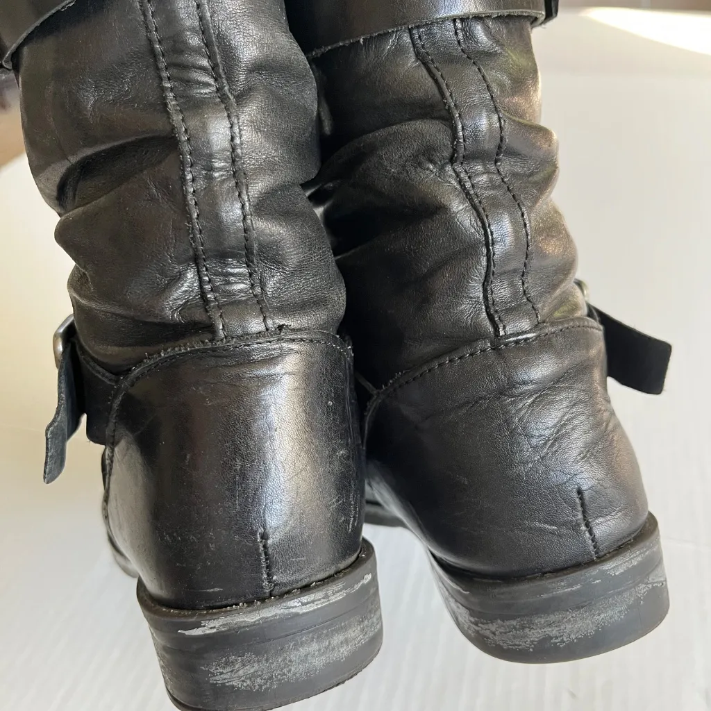 ERIC MICHAEL Sz 39 Laguna Mid Calf Black Leather Boots Moto Pull On - Image 8