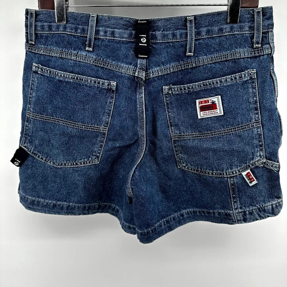 Vintage L.E.I Carpenter Jean Shorts 90s Rigid Denim 5" High Waist Medium Wash 34 Blue - Image 4
