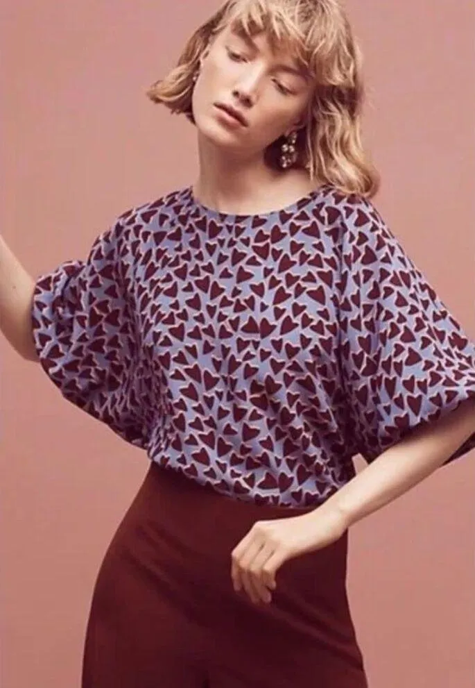 Anthropologie Maeve Silk Heart Blouse Small Dolman Sleeve Blue Red Lightweight - Image 3