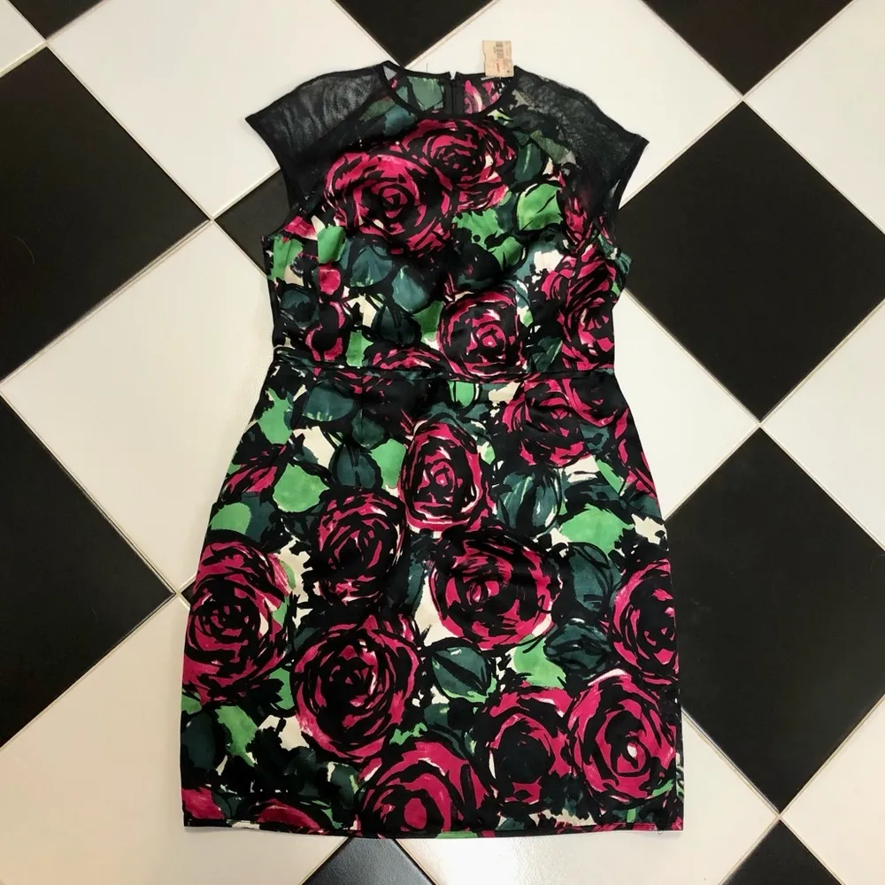 NWT  Daring Rose Silk Sheath Mini Dress Sheer Mesh Panels Floral 8 - Image 5