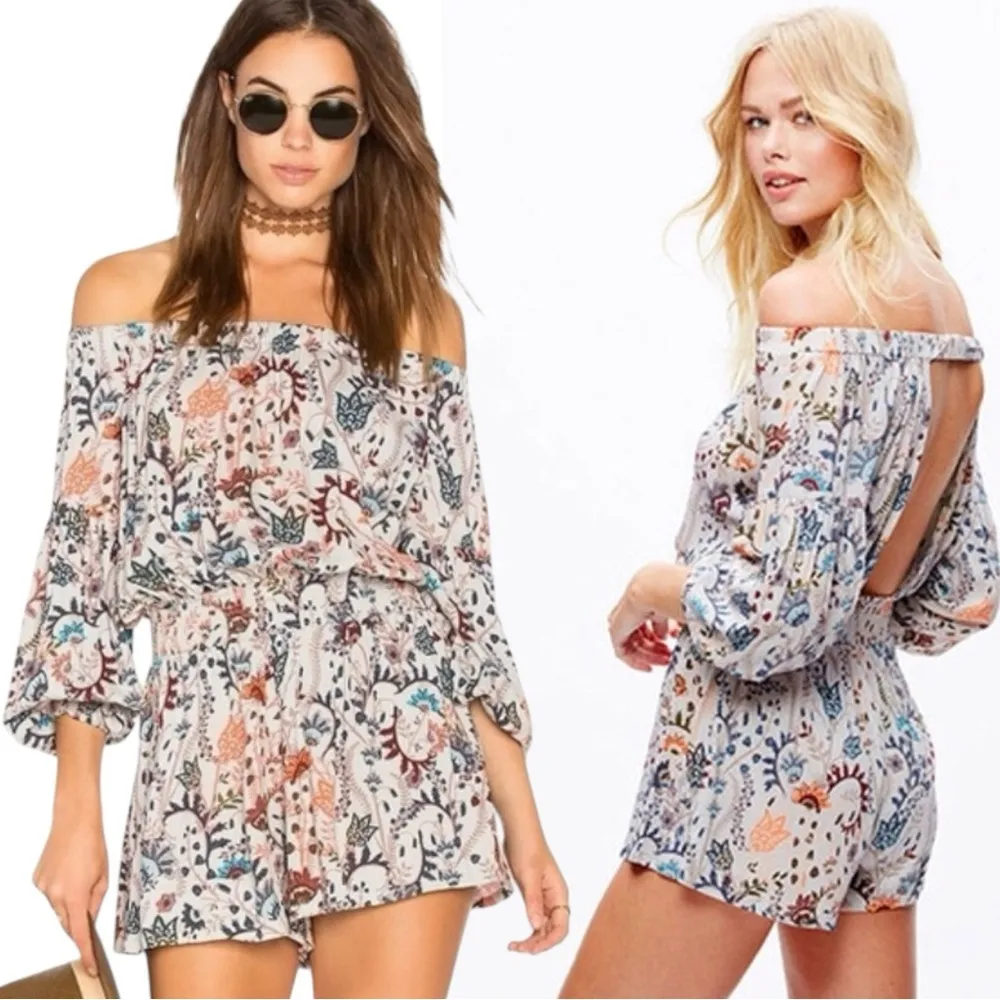 Free People Western Bohemian Pretty & Free Off the Shoulder Romper Medium Summer - Image 9