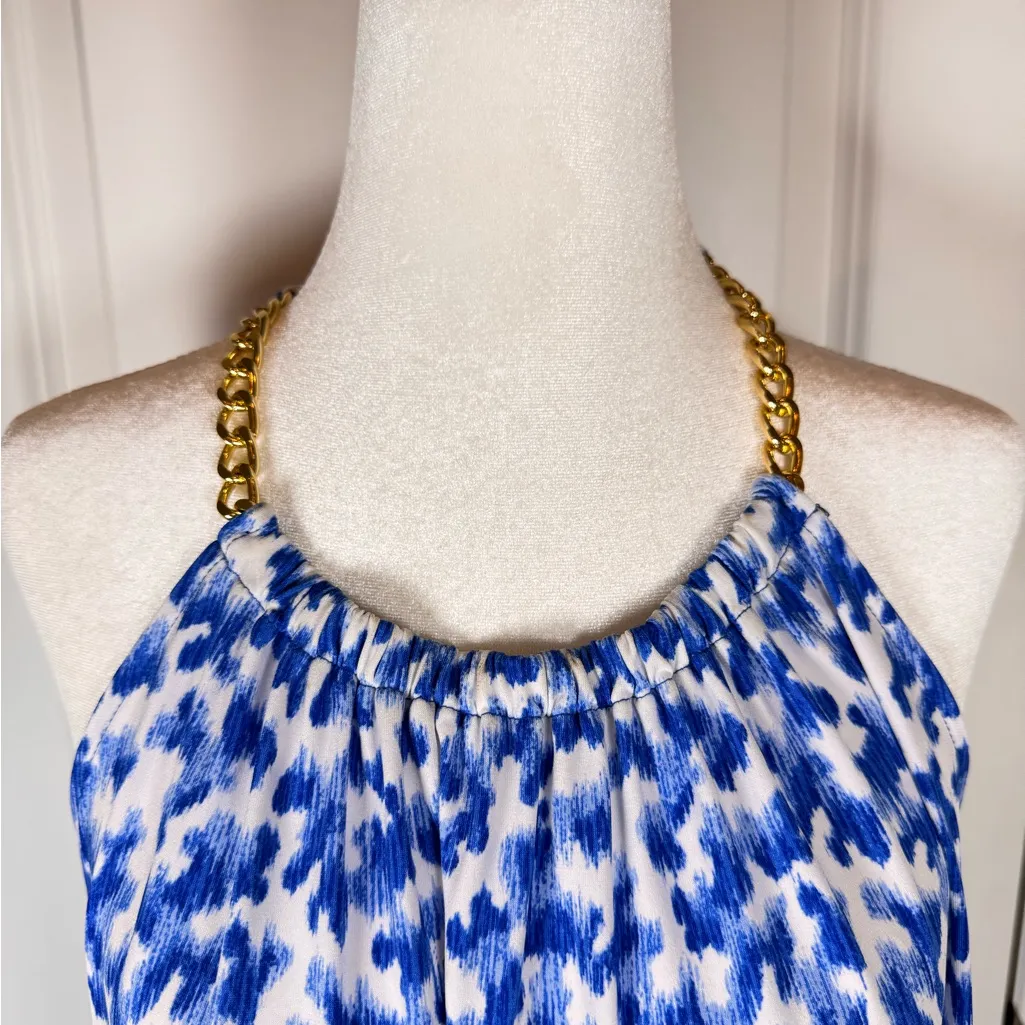 Michael Kors XL Blue White Abstract Halter Dress Gold Chain Resort Beach - Image 2