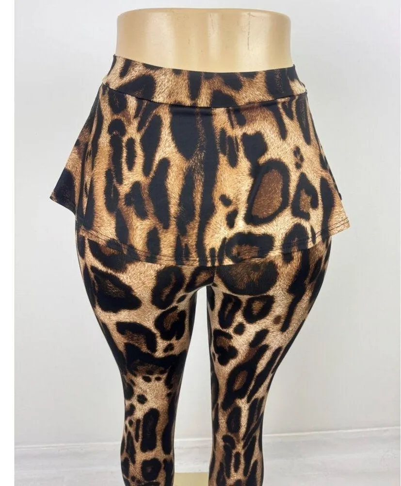 Women's Sabora Leopard Animal Print Peplum Accent Leggings Size Small Brown - Image 3
