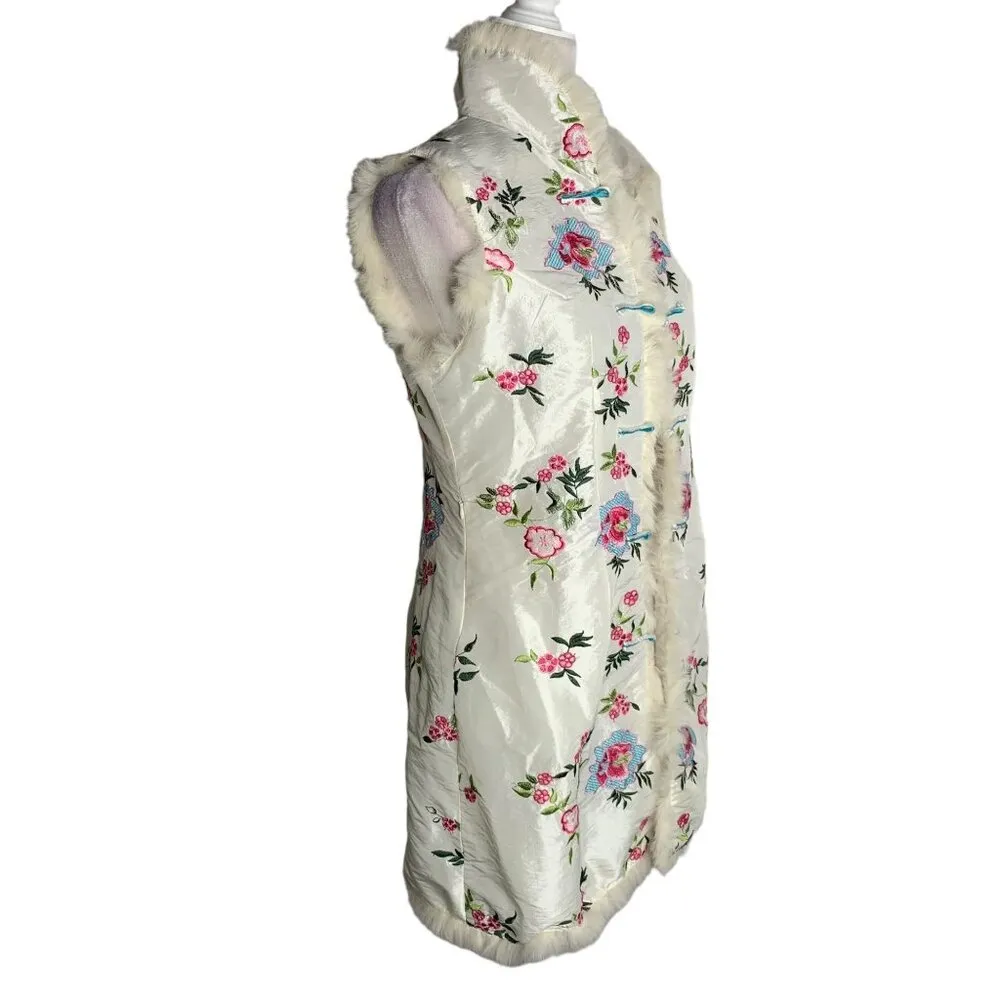 Embroidered Asian Style Vest M White Real Fur Trim Frog Buttons Zip Pockets Size M - Image 6