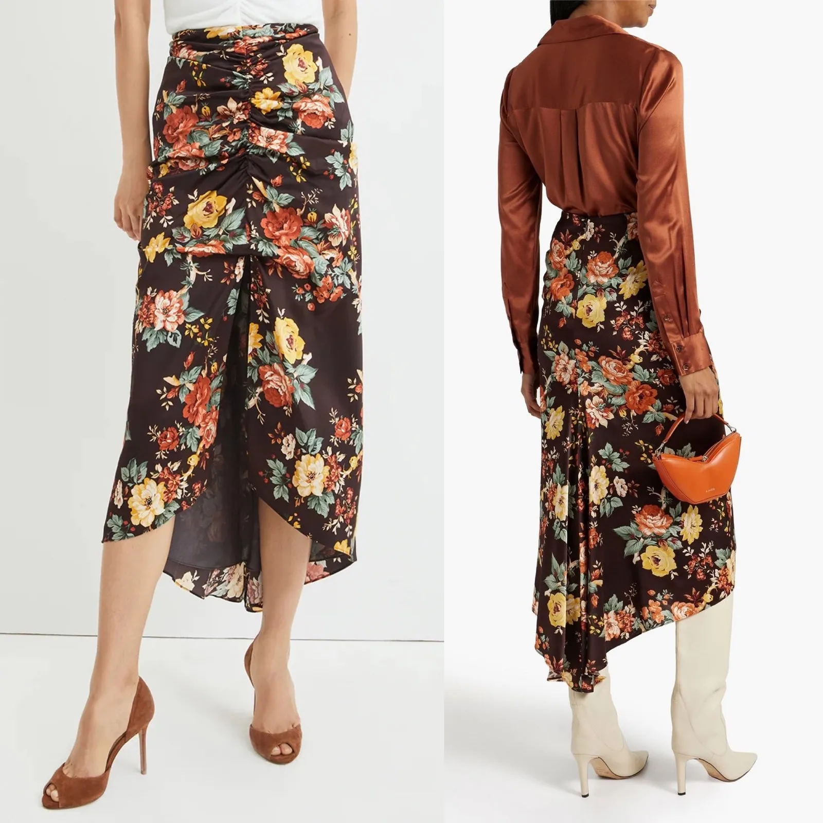 Veronica Beard Pixie Floral Print Skirt Oxblood Multi Silk Ruched Midi Size S 4 - Image 14