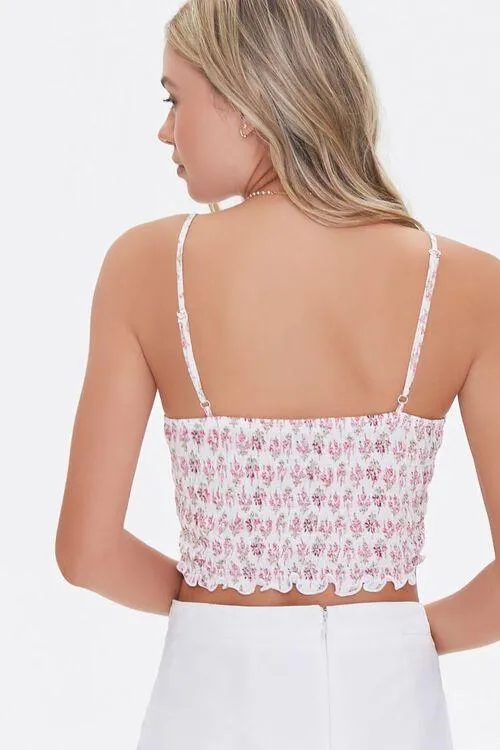 Forever 21 Pink White Floral Drawstring Cropped Cami Crop Top Tank - Image 3