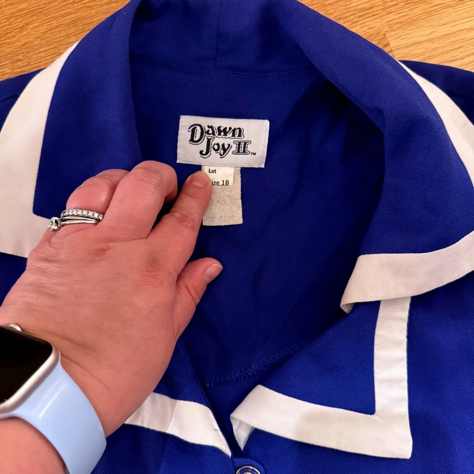 Vintage Dawn Joy II Blue Dress Sz 18 White Collar‎ Gold Buttons 80s Secretary XL - Image 5