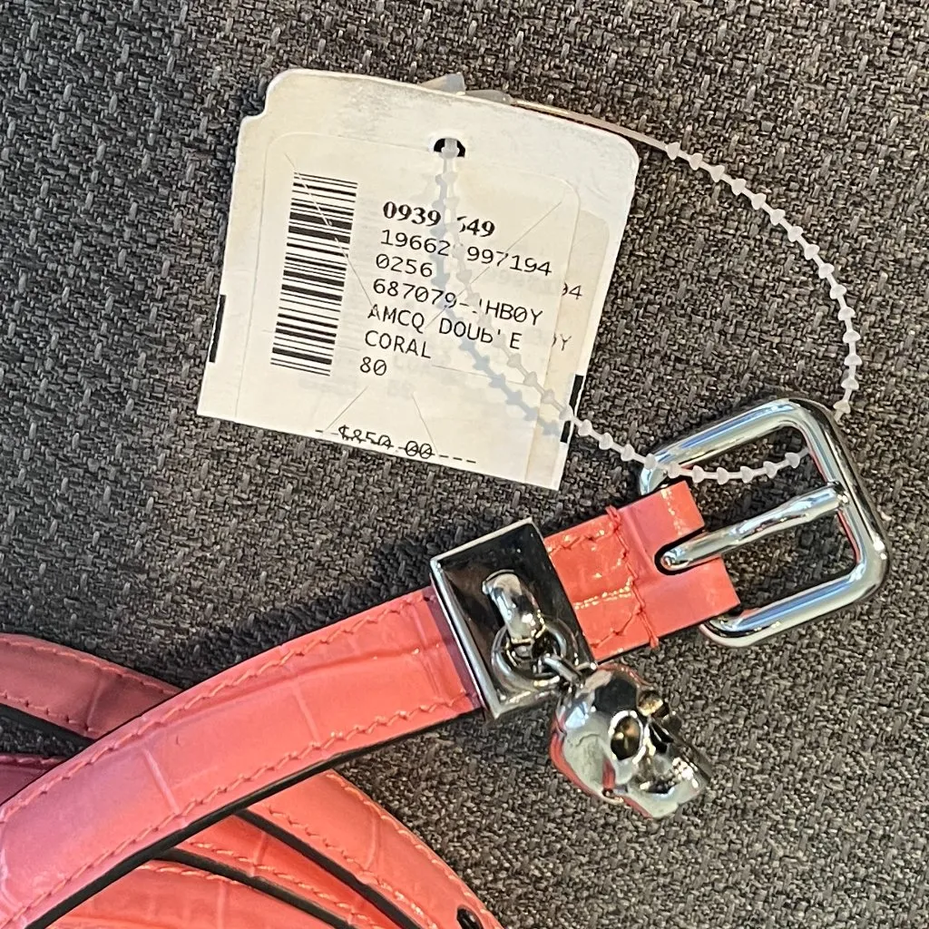 ALEXANDER MCQUEEN Double Wrap Skull Belt in Coral Calfskin Leather Size 32 - NWT - Image 4