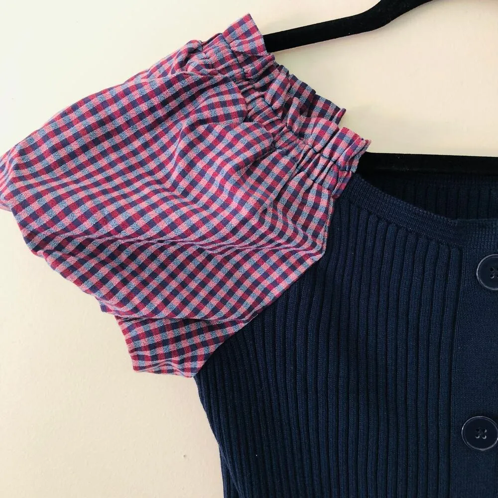 Anthropologie Maeve Puff-Sleeved Mini Navy Dress Knit Gingham Women's Size XS - Image 7