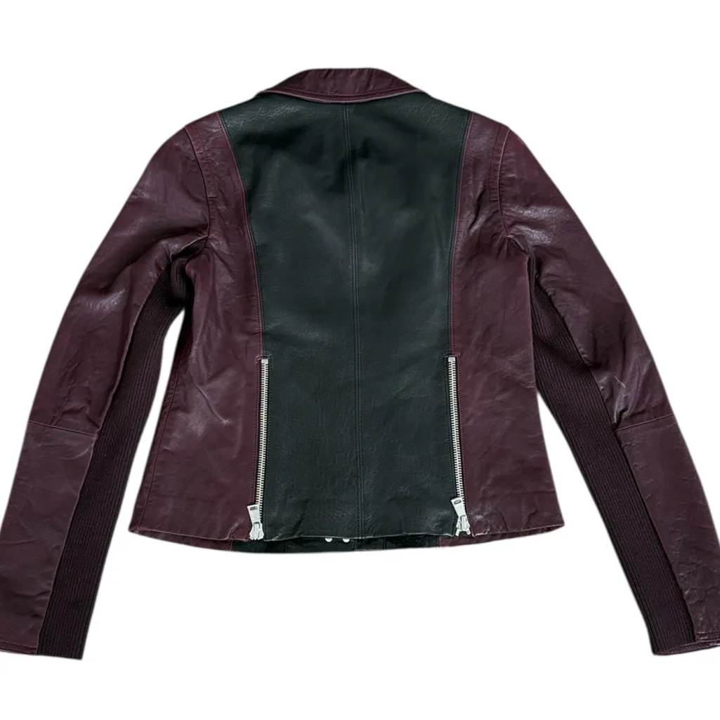 EUC Vince Lambskin Leather Two Tone Moto Jacket Black Burgundy Medium - Image 10