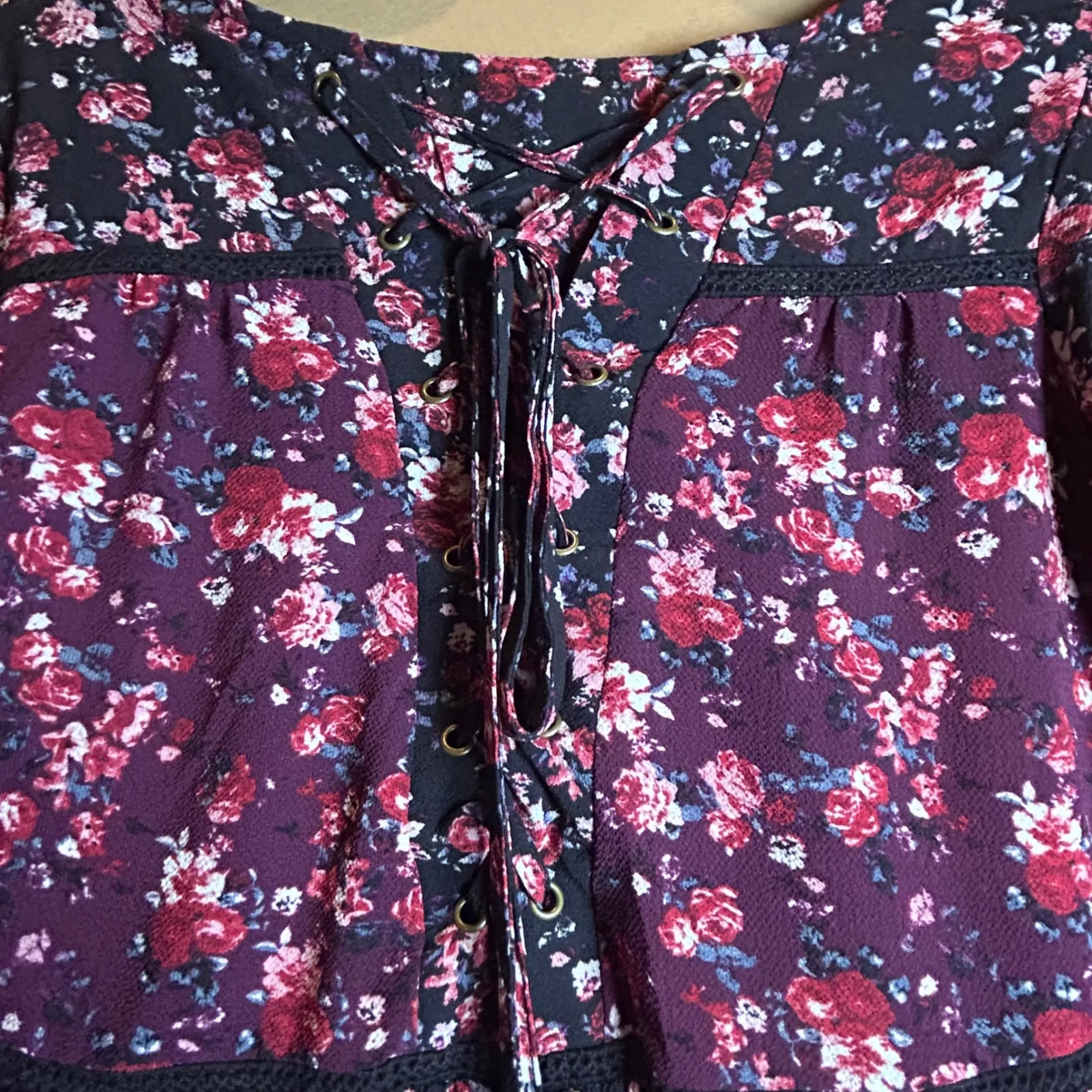 Knox Rose Floral Print Peasant Blouse Womens Small Lace Up Neck Long Sleeve - Image 7