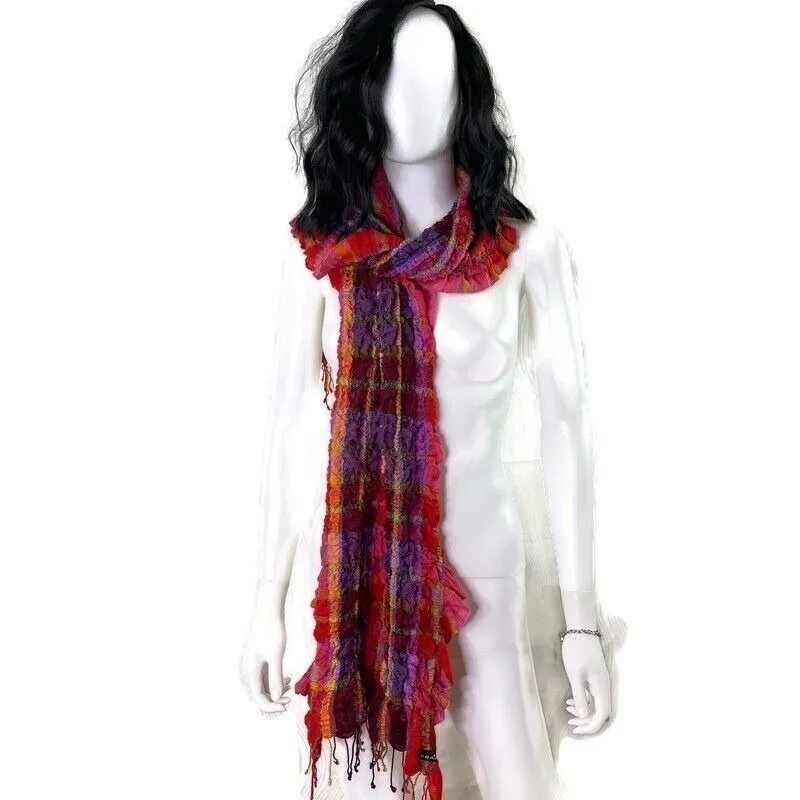 FRAAS Crinkled Fringe Trim Scarf‎ Colorful Plaid Wrap Layering Statement Womens Orange - Image 3