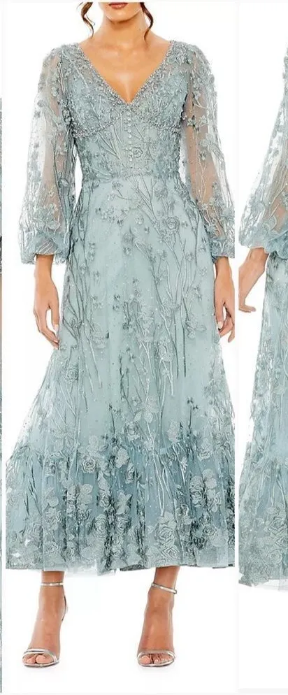 MAC DUGGAL 20512 Green V-Neck Mesh Puff Sleeve  Embellished Tea Length Dress - Image 2