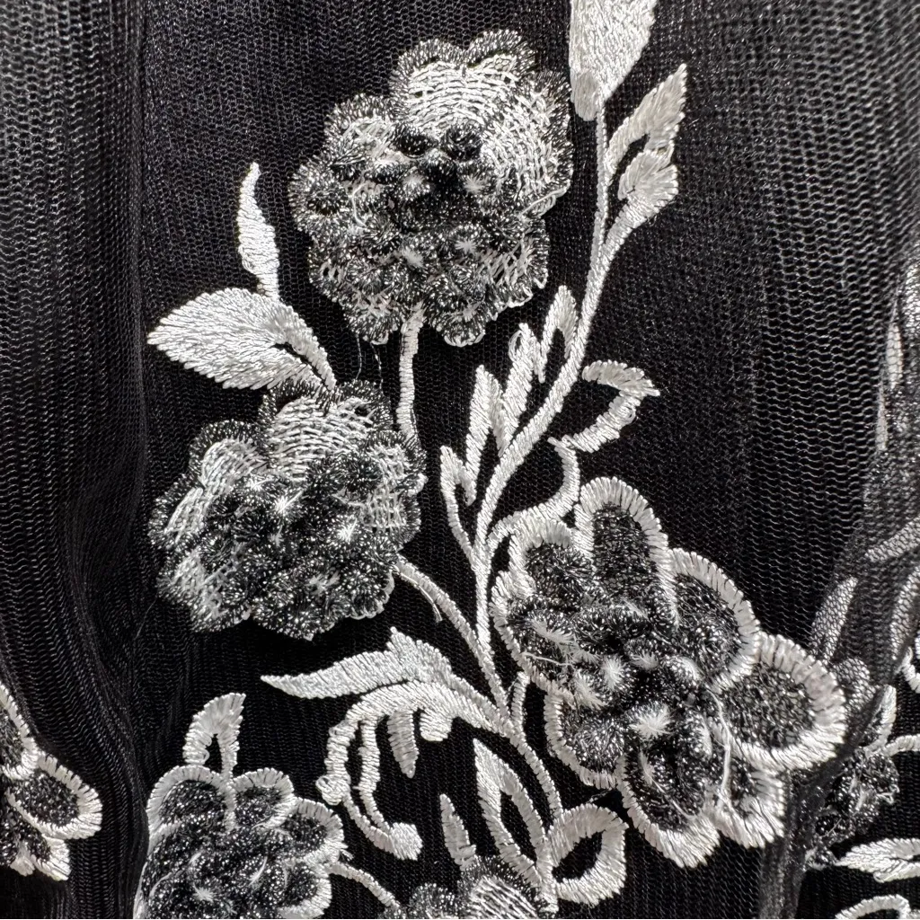 Black Mesh Overlay Silver Metallic Embroidered 3D Flowers Formal Party Dress - Image 9