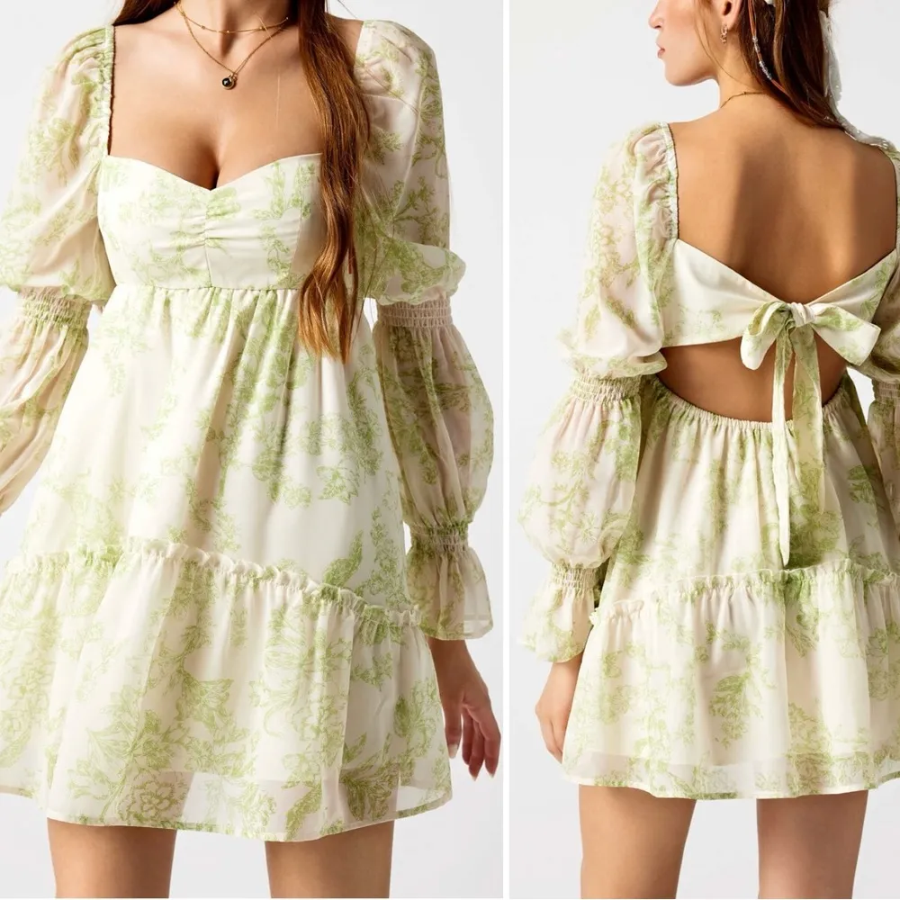 CIDER Green White Floral Ruffle Hem Bow Knot Back Mini Peasant Dress Size M - Image 8