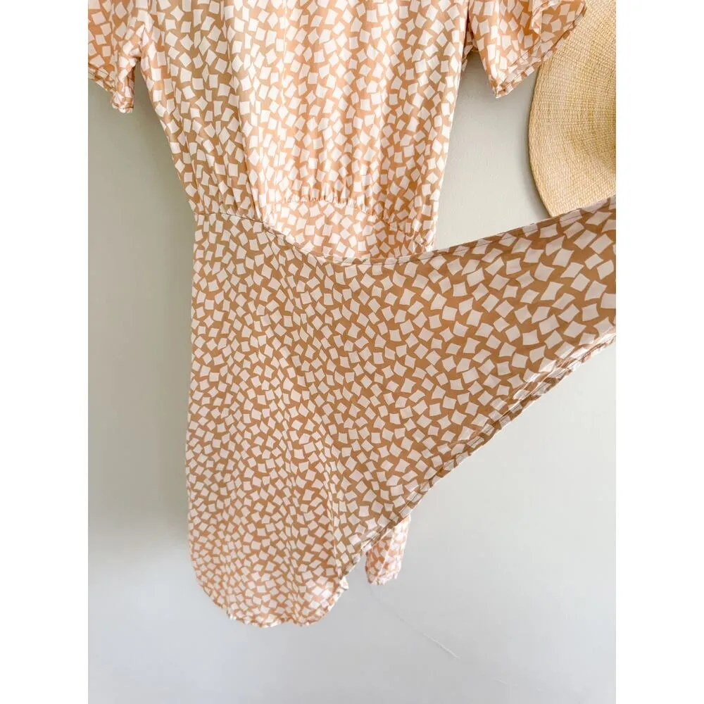 & Other Stories | Tan and White Knot Detail Faux Wrap Mini Dress | Sz 4 - Image 7