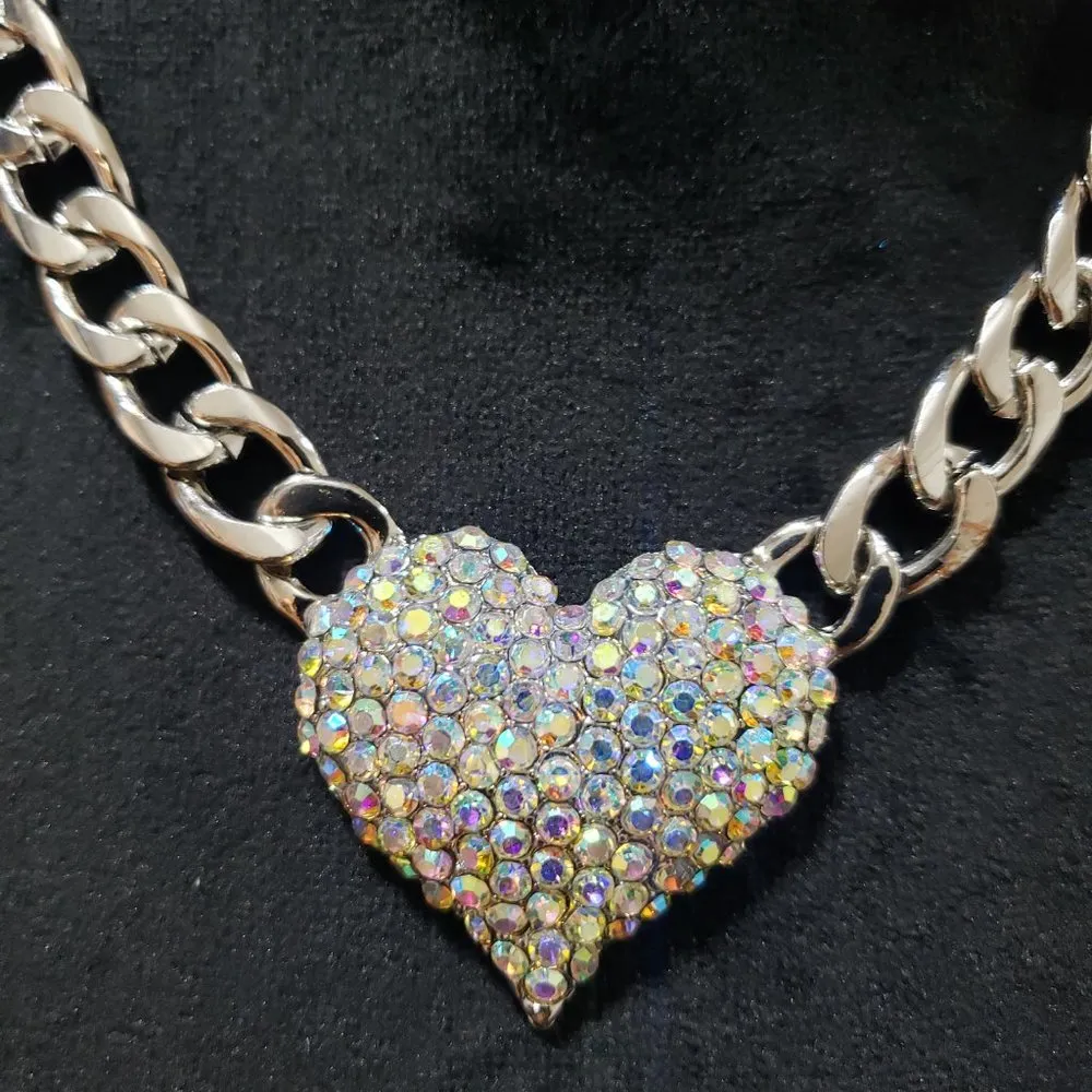 Silver Tone Cuban Link Chain Clear Rhinestones Heart Love Shape Pendant Necklace - Image 4