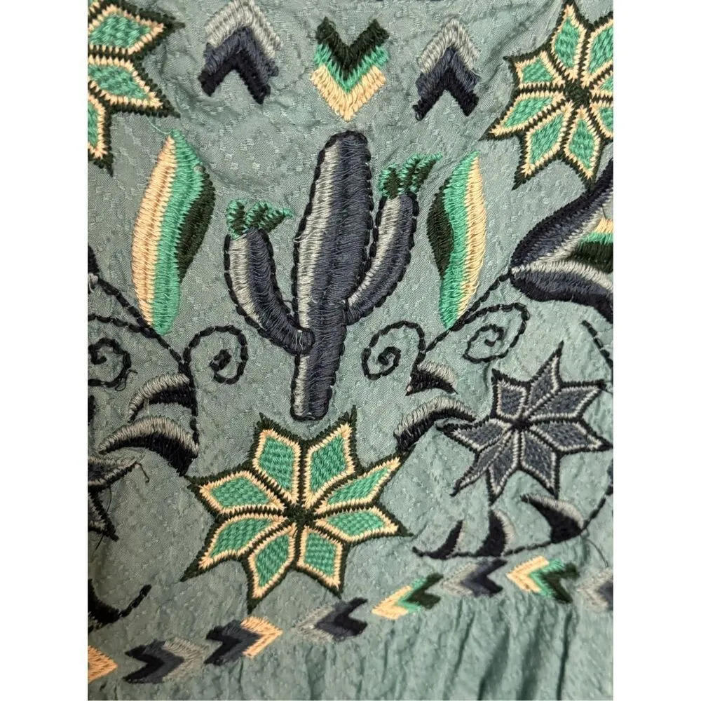 Double D Ranch Cactus Embroidered Baby Doll Dress Muted Teal M Green Size M - Image 5
