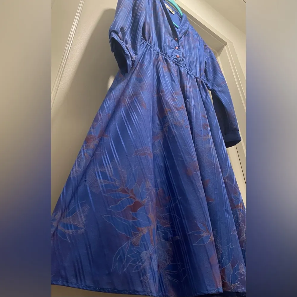 VTG JF Blue Floral Collared Fit & Flare Pleated Dress With Mid - Image 6