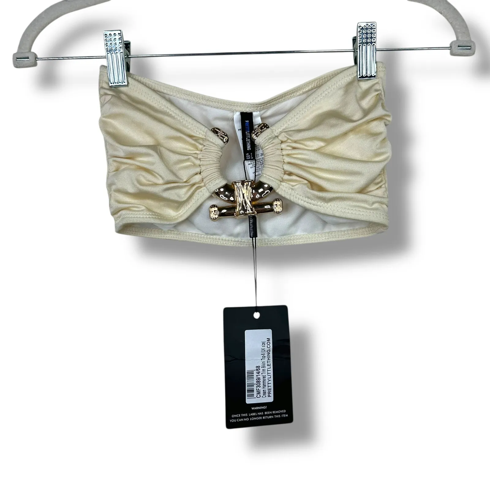 PrettyLittleThing Cream Hammered Trim Bandeau & High Waist Bikini 2-Piece Set - Image 5