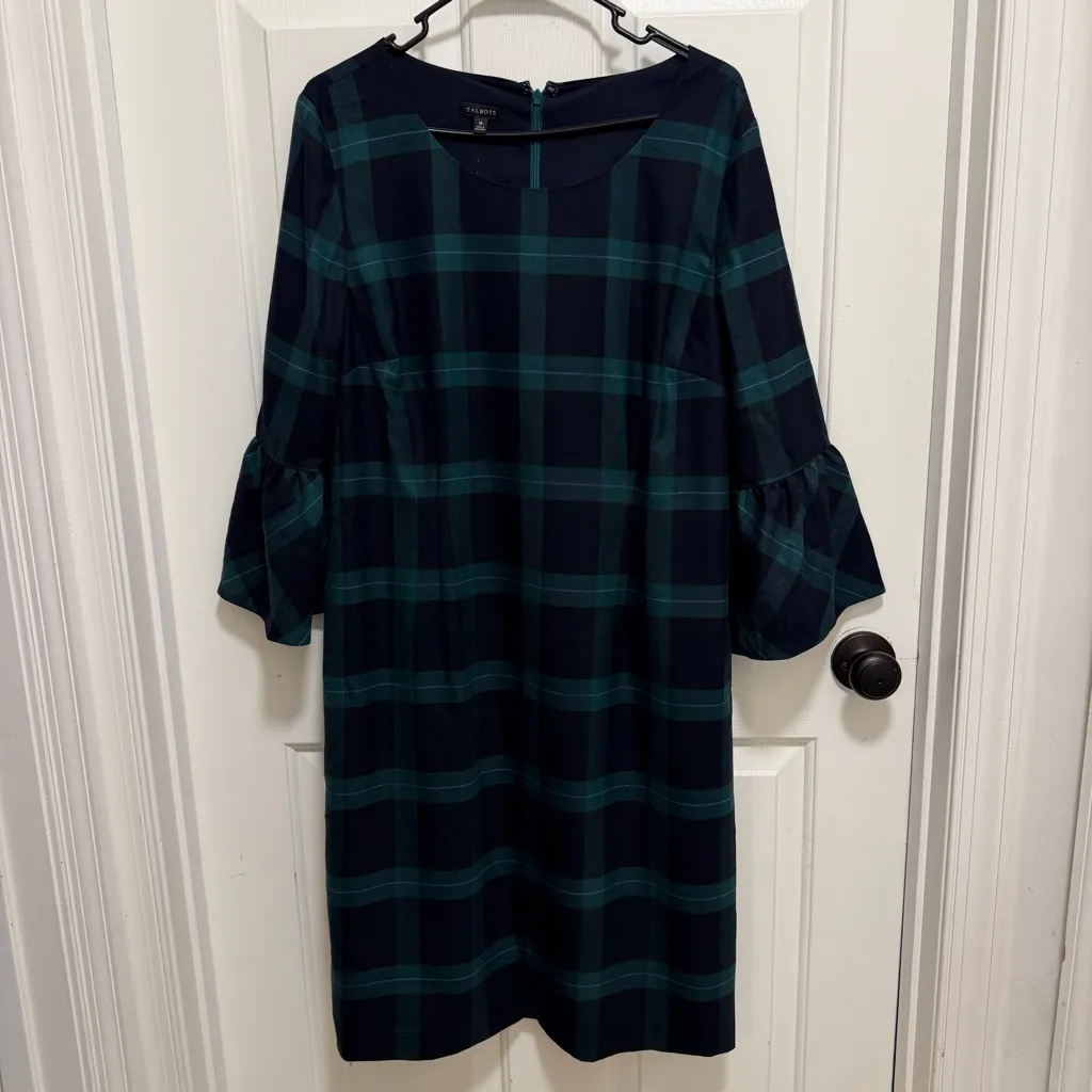 Talbots Wool Blend Black Watch Plaid Flounce Sleeve Shift Dress Size 16 - Image 2