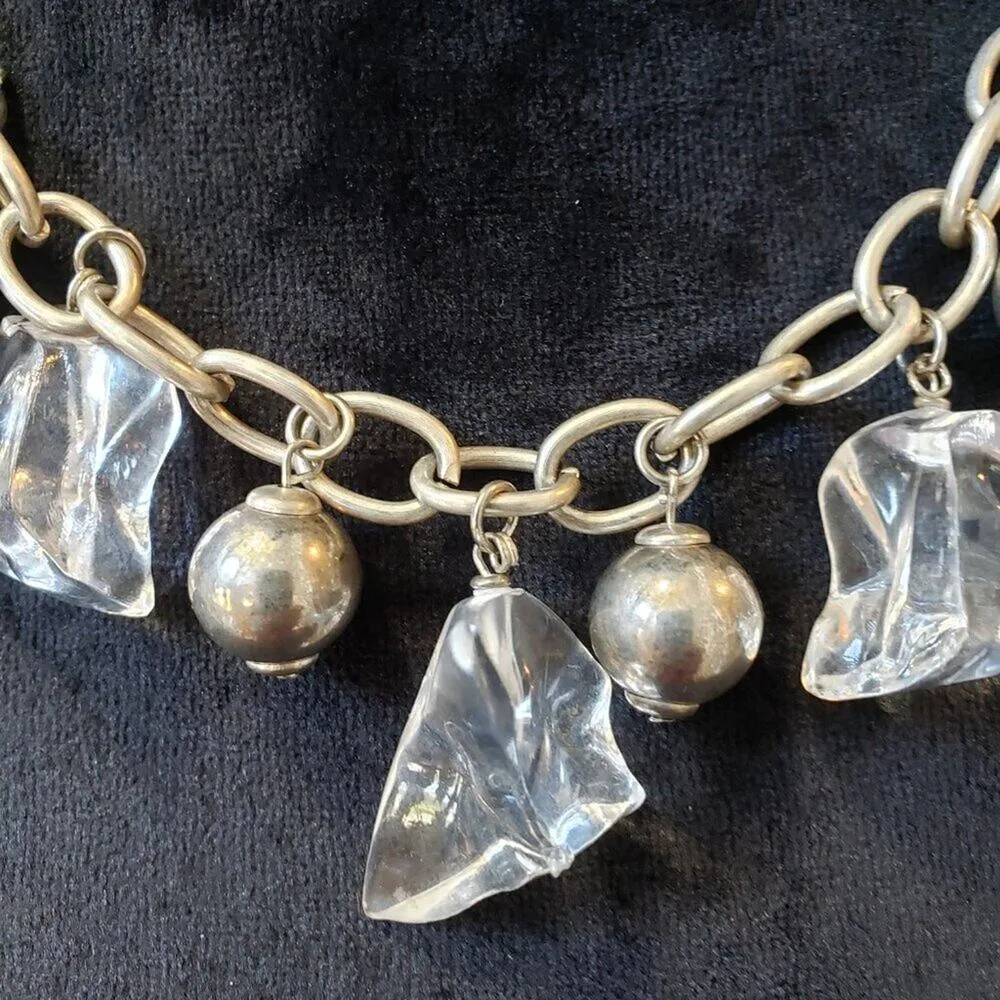 Women Clear Lucite Dangling Ice Chunks/Silvertone Beads Necklace w/Lobster Clasp White - Image 3