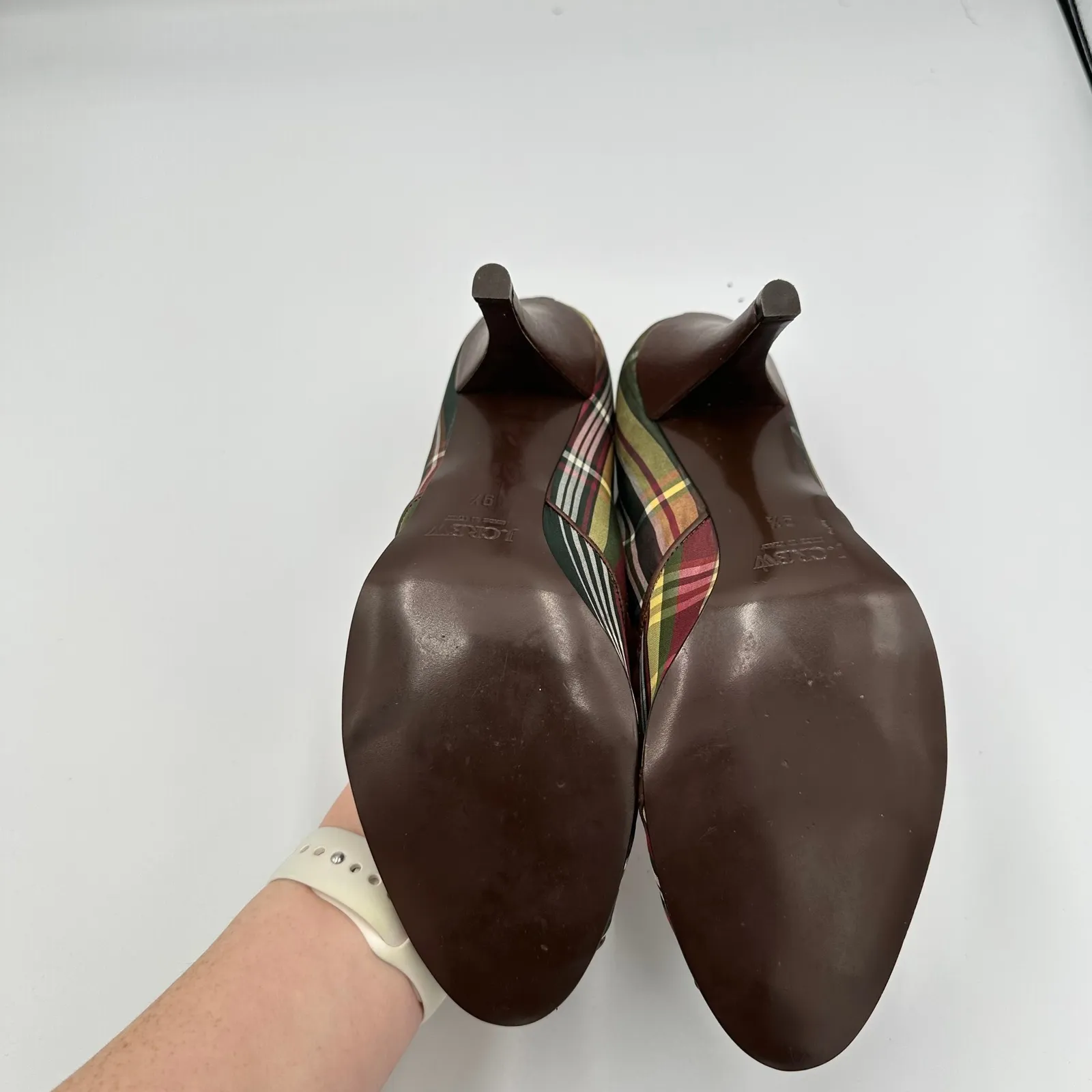 J. Crew Plaid Peep Toe Heels Brown Red Green Chain Detail Stiletto Size 9.5 - Image 4