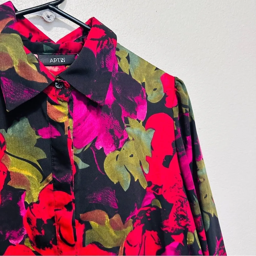 90s Red Black Floral Blouse - Oversized Poppy Print - Dark Winter Floral - M - Image 6