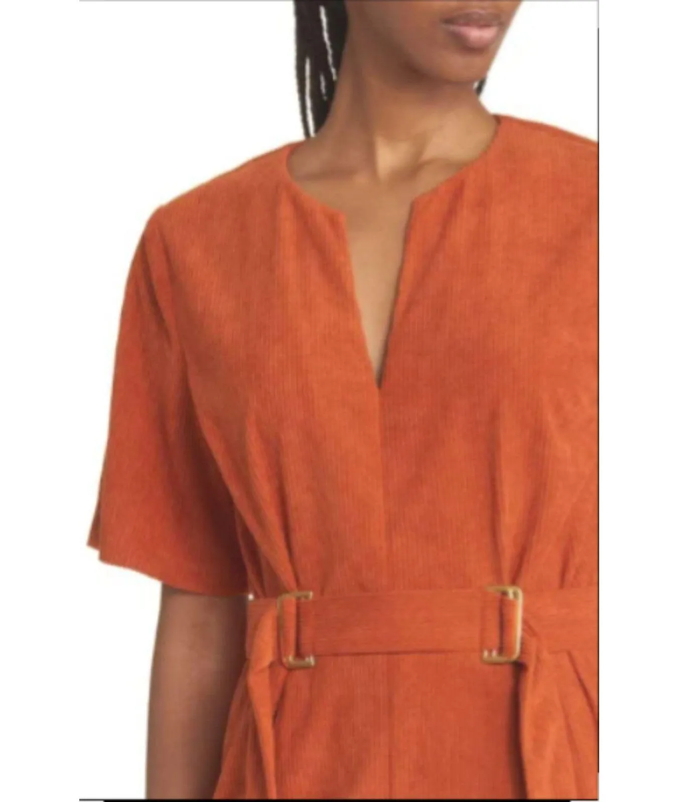 NWOT Du Paradis Corduroy Belted Rust Short Sleeve Tapered Leg Jumpsuit Sz M Orange Size M - Image 9