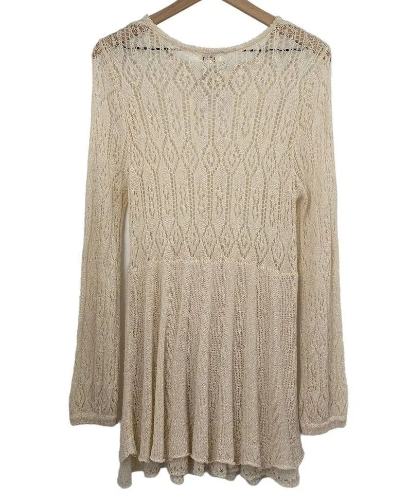 Umgee Crochet Lace Knit Sheer Mini Dress Coverup Keyhole Tie Long Sleeve Cream L - Image 5