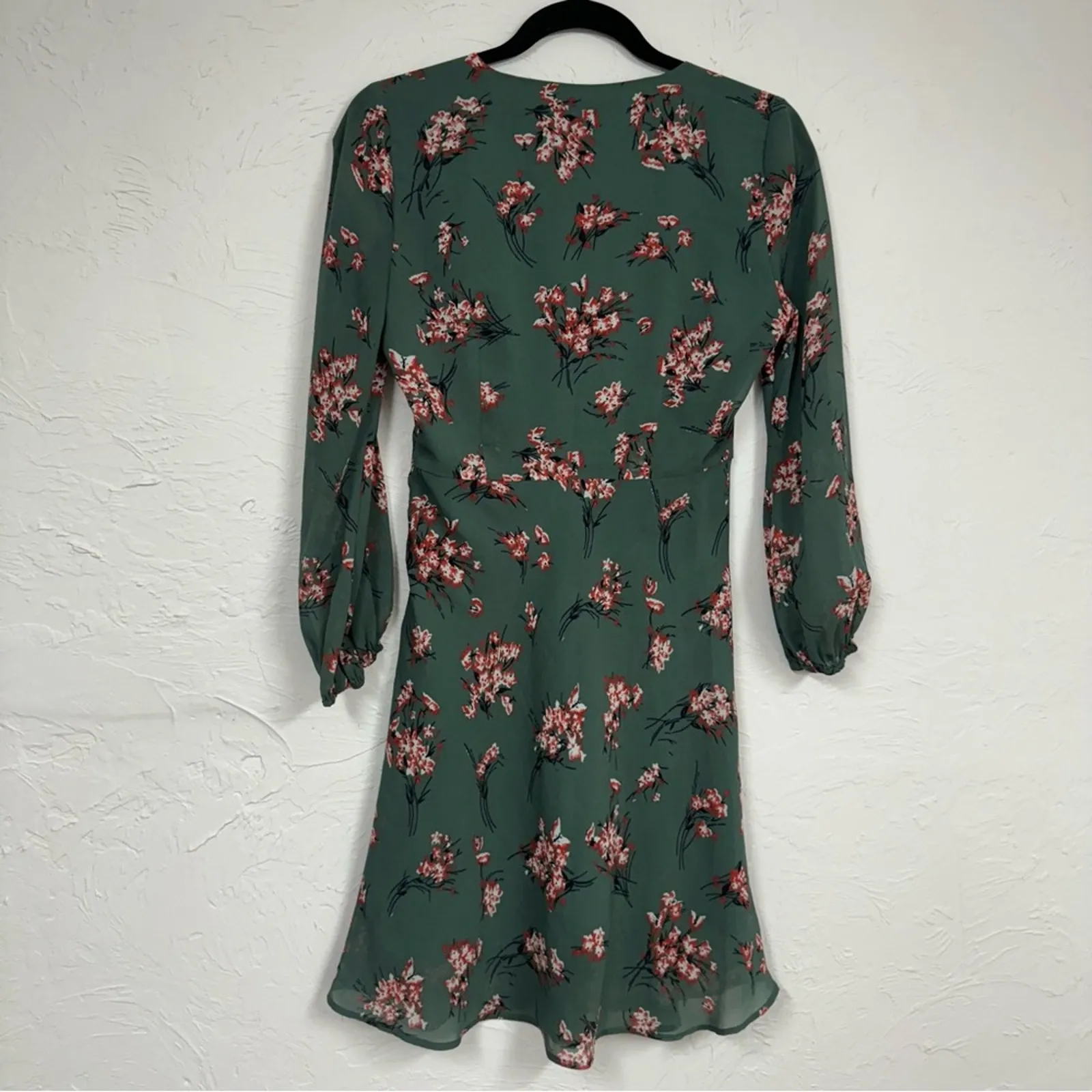 Madewell Green Red Floral Mini Dress Womens 0 Long Sleeve Sheer Boho Fall Casual - Image 2