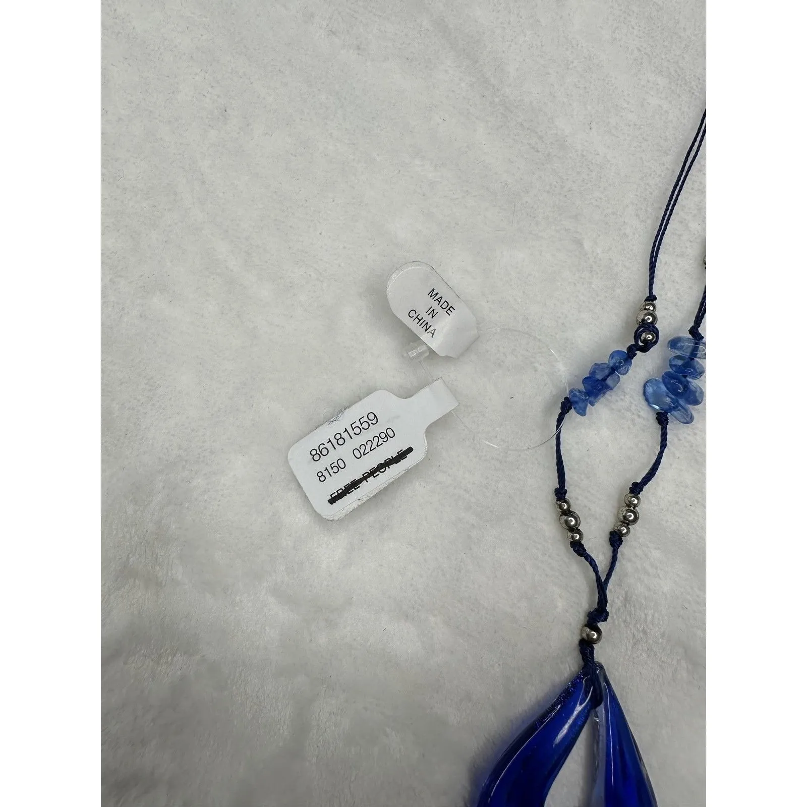 NEW Free People Blue Glass Teardrop Pendant Necklace Cord Silver Beads Metallic - Image 5