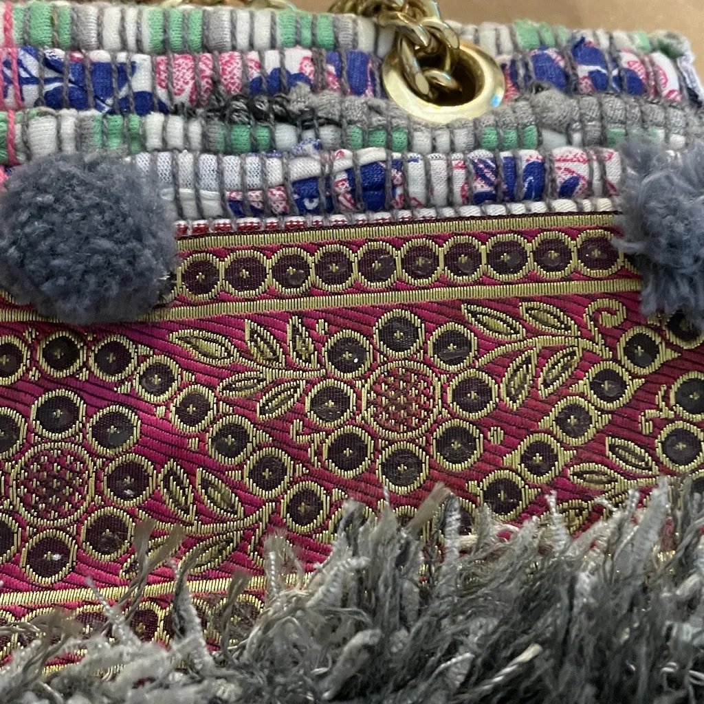 Rag Rug Bohemian Boho Fringe Handbag Purse Gold Chain Handle Multicolor - Image 3