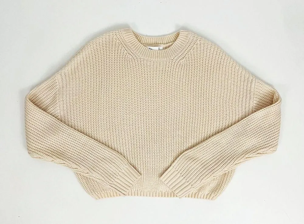 Elodie Cropped Crewneck Pullover Knit Sweater in Cream | Size XL - Image 2