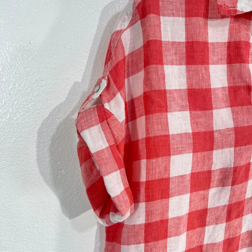C&C California Linen Top Red & White Gingham Plaid Short Sleeve Shirt Small Boxy - Image 5
