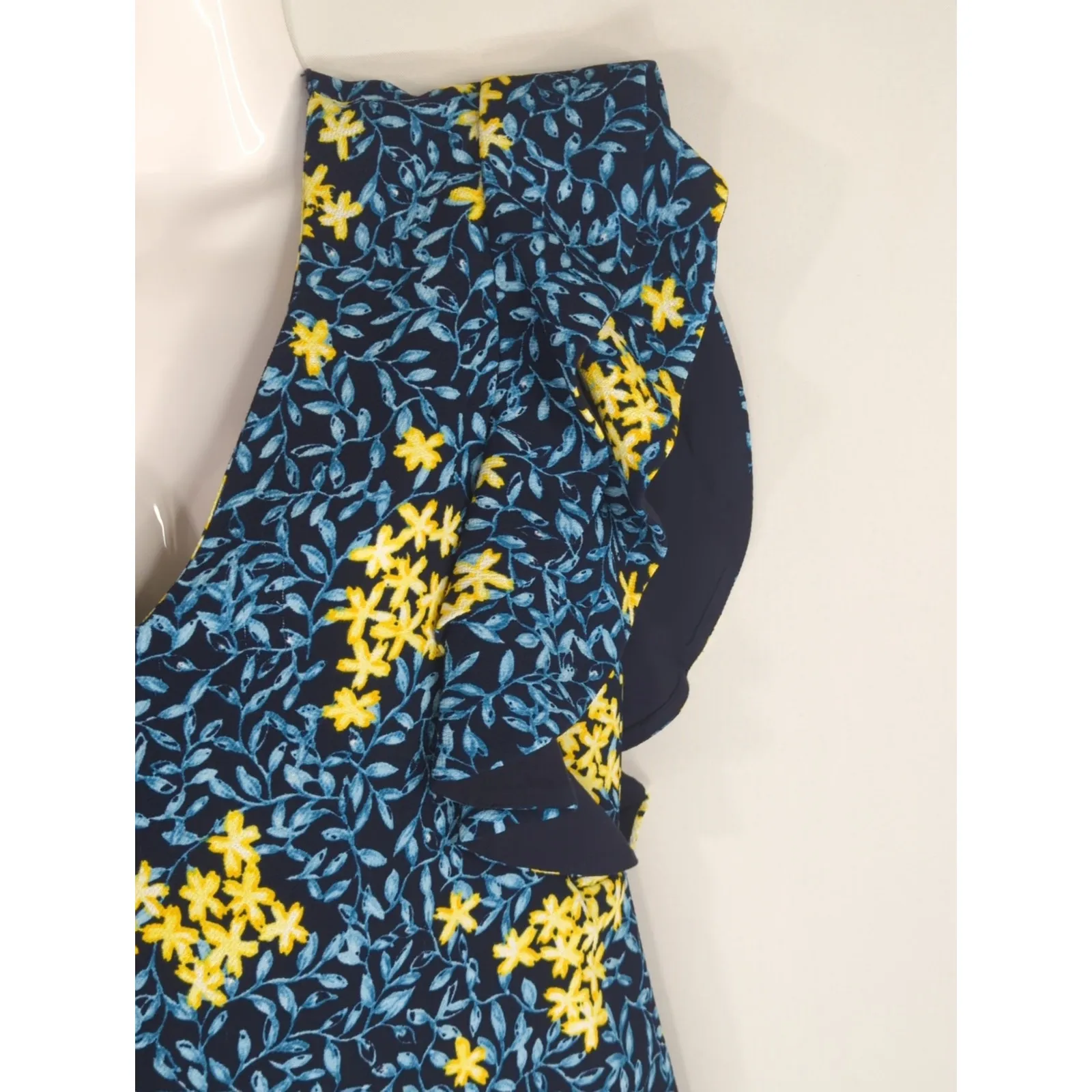 Zara Blue & Yellow Floral Ruffle Sleeve Crepe Mini Dress SMALL Preppy Prairie - Image 7