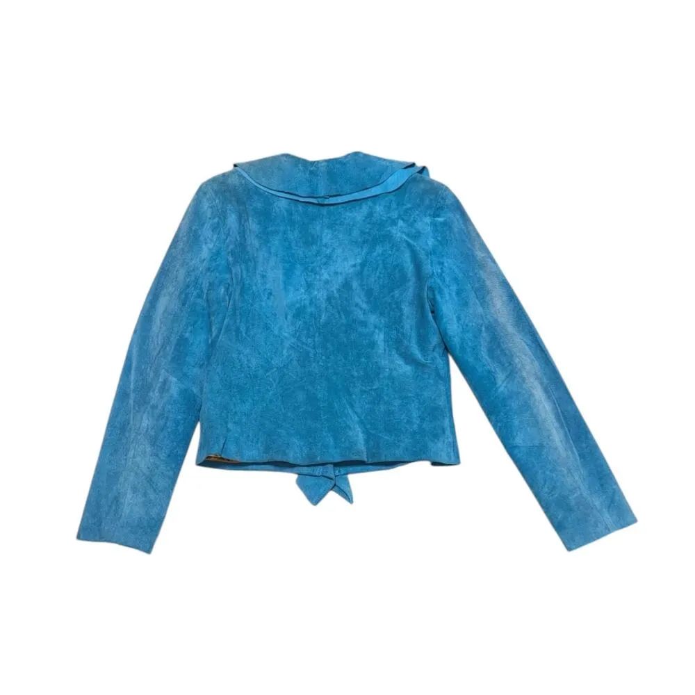 Y2K Scully Ruffle Boar Suede Jacket Tuquoise Blue Long Sleeve Medium Leather - Image 2