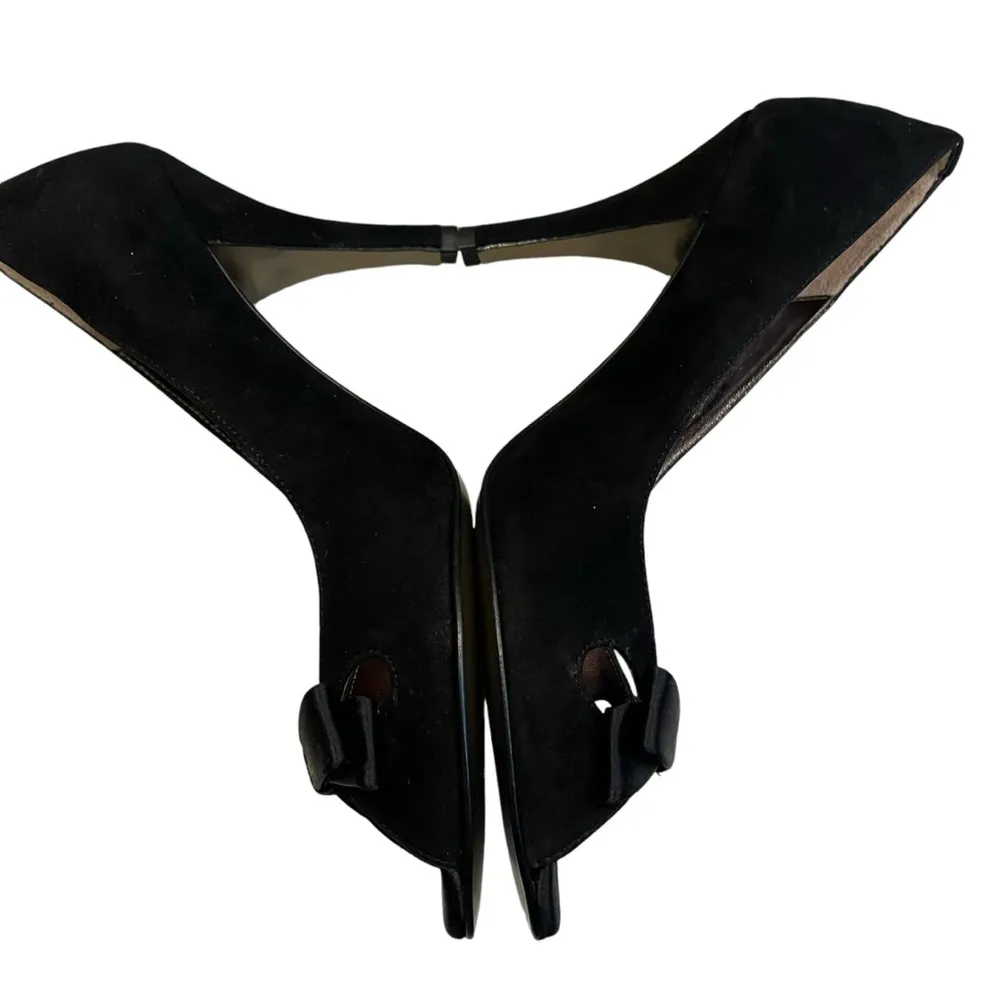 NWOT, J. Crew Black Suede Satin Bow Peep Toe Heels, Sz 7.5 - Image 9